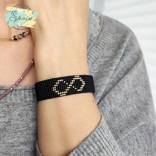 دستبند میوکی طرح بینهایت طلایی ساختهشده با منجوق اصل ژاپنی و بند مستحکم، مناسب استایل روزمره و شیک از برند شاین گالری