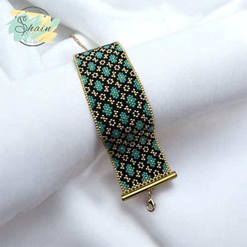 دستبند میوکی گلدن ترک مدل لوزی بافت دستی کد 3107 مناسب استایل خاص، ساخته شده با منجوقهای ژاپنی اورجینال و کاملاً دستساز.