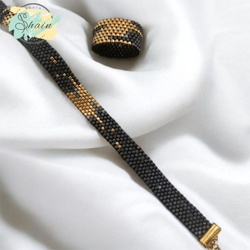 ست دستبند و انگشتر طرح ابر طلایی با منجوقهای میوکی و بند مقاوم مناسب بانوان خوشسلیقه برای استفاده روزمره و مهمانی