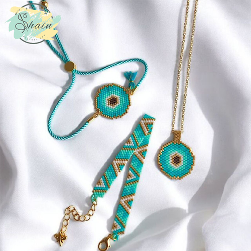 نیمست گردنبند و دستبند دستساز با منجقهای فیروزهای میوکی ژاپنی از برند شاین گالری کد 3015