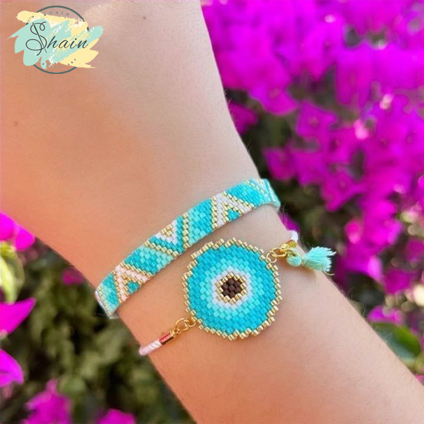 زیورآلات دستساز شامل گردنبند و دستبند با مهرههای فیروزهای میوکی ژاپنی، برند شاین گالری کد 3015