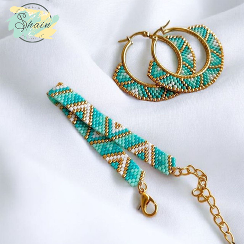 نیم ست گوشواره حلقهای و دستبند میوکی طرح فیروزهای دستساز برند شاین گالری، استیل ضد حساسیت