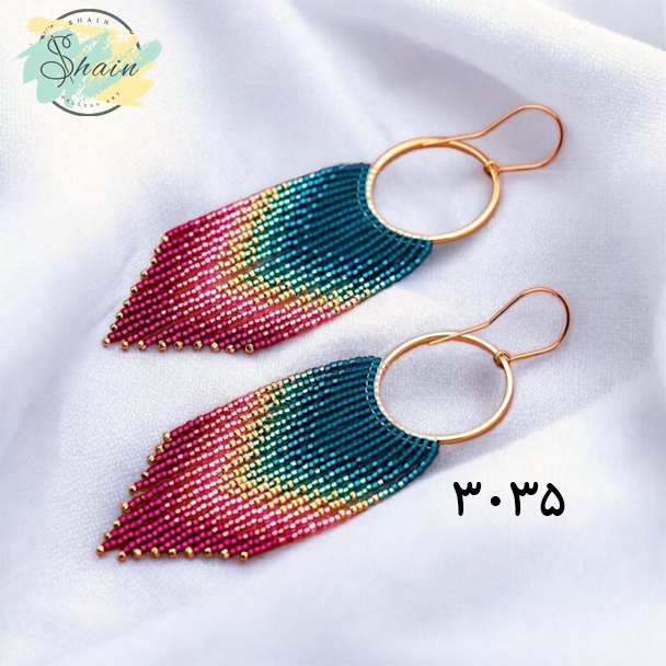 گوشواره دستساز آویز میوکی طرح آبشاری با ترکیب رنگ زیبا و اتصالات استیل رنگ ثابت مناسب هدیه و استایل شیک.