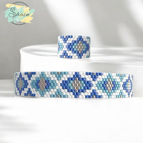 نیم ست دستبند و انگشتر طرح معماری سنتی دستساز با منجوقهای میوکی ژاپن از برند شاین گالری